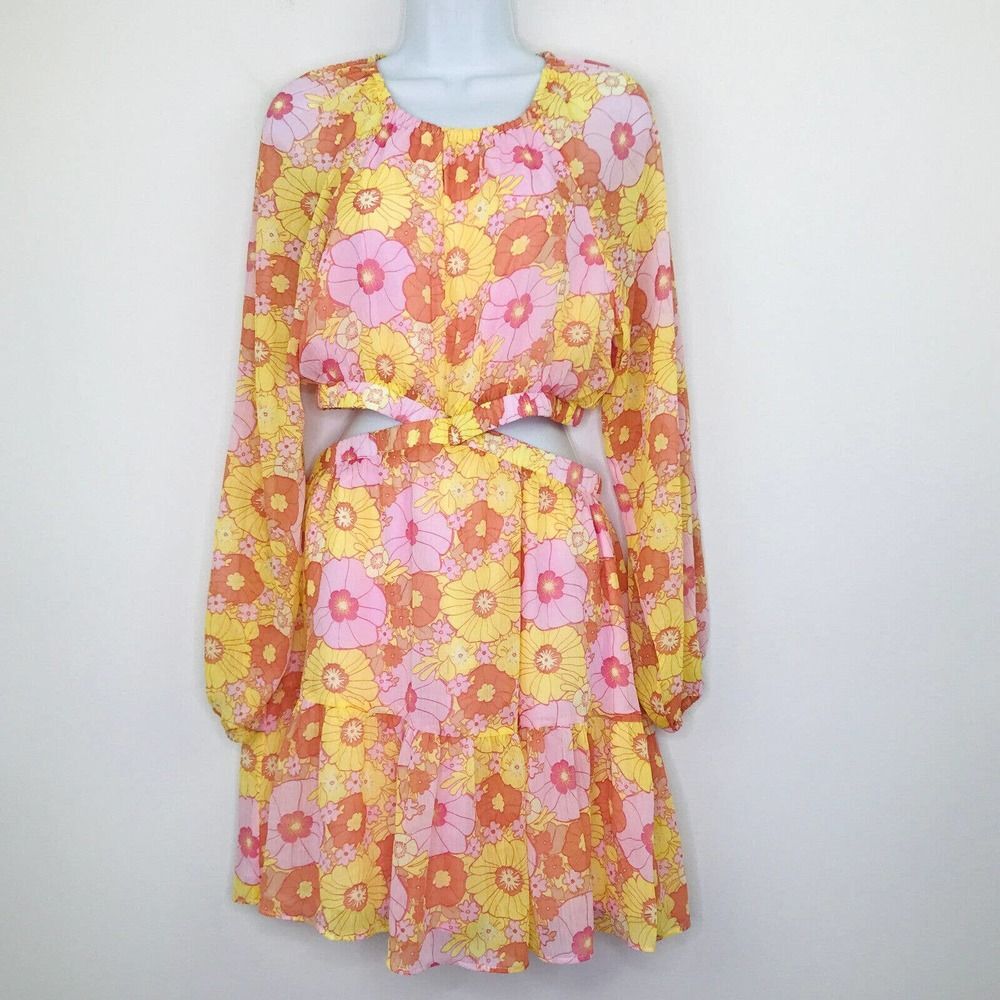Steve Madden Cadi Floral Mini Dress Pink Yellow Long Sleeve Cutout Size M NWT